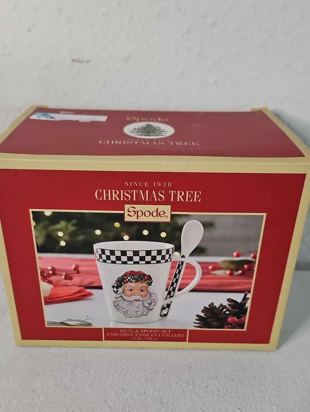 Spode Christmas Tree Santa Mug & Spoon Set - Red, Black, White